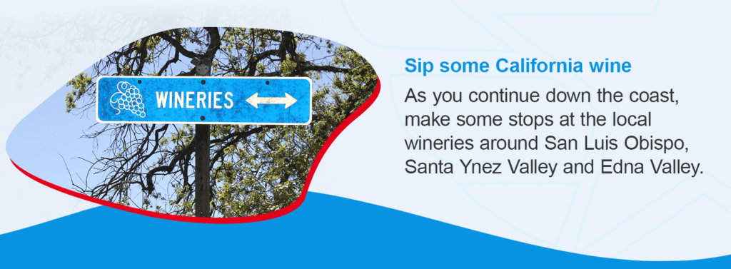Sip some California wine:As you continue down the coast, make some stops at the local wineries around San Luis Obispo, Santa Ynez Valley and Edna Valley. 