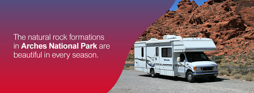 The natural rock formations in Arches National Park are beautiful in every season.