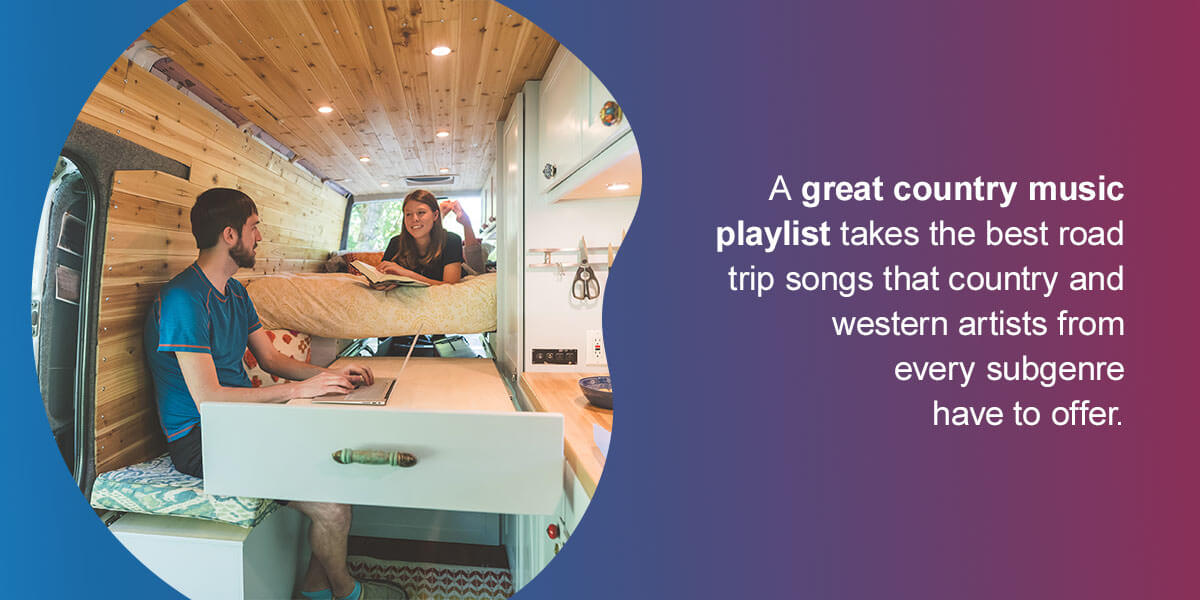 27 Country Road Trip Songs.. A great country music playlist takes the best road trip songs that country and western artists from every subgenre have to offer. 