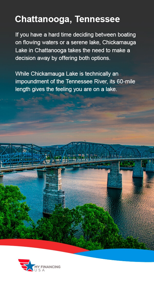 Chattanooga, Tennessee. If you have a hard time deciding between boating on flowing waters or a serene lake, Chickamauga Lake in Chattanooga takes the need to make a decision away by offering both options. While Chickamauga Lake is technically an impoundment of the Tennessee River, its 60-mile length gives the feeling you are on a lake. 